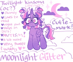 Size: 2600x2200 | Tagged: safe, artist:cherubkewpie, oc, oc only, oc:moonlight glitter, alicorn, pony, alternate design, alternate hairstyle, glasses, heart, looking at you, reference sheet, smiling, solo
