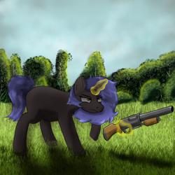 Size: 834x834 | Tagged: safe, artist:vuvu_art, pony, unicorn, grass, gun, magic, shotgun, solo, weapon