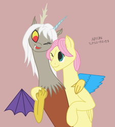 Size: 1197x1326 | Tagged: safe, artist:apic86, derpibooru exclusive, discord, fluttershy, butterscotch, discoshy, duo, eris, female, hug, looking at each other, looking at someone, male, newbie artist training grounds, rule 63, shipping, simple background, straight