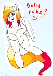 Size: 1380x2000 | Tagged: safe, artist:triksa, oc, pegasus, bellyrubs, looking at you, lying down, on back, pegasus oc, simple background