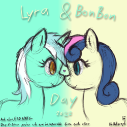 Size: 1000x1000 | Tagged: safe, artist:hiddelgreyk, bon bon, lyra heartstrings, sweetie drops, earth pony, pony, unicorn, g4, atg 2022, boop, duo, female, heart, lesbian, looking at each other, looking at someone, lyra and bon bon day, mare, newbie artist training grounds, noseboop, ship:lyrabon, shipping, simple background, sketch