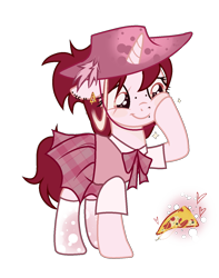 Size: 1150x1459 | Tagged: safe, artist:idkhesoff, oc, oc only, oc:deep dish (mafia), pony, unicorn, bowtie, clothes, ear piercing, earring, eye scar, feather, fedora, female, food, hat, jewelry, lip piercing, mare, nose piercing, piercing, pizza, raised hoof, scar, shirt, simple background, skirt, socks, solo, stockings, thigh highs, transparent background