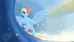 Size: 640x360 | Tagged: safe, artist:rumista, rainbow dash, pegasus, pony, g4, animated, beach, bipedal, fun in the sun, gif, grin, rainbow, smiling, solo, spread wings, summer, surfboard, surfing, water, wings, ych example, your character here