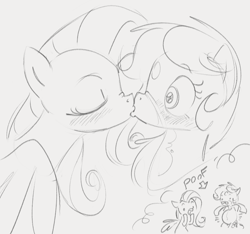 Size: 972x910 | Tagged: safe, artist:dotkwa, fluttershy, oc, oc:deary dots, earth pony, pegasus, pony, g4, belly button, blushing, canon x oc, eyes closed, female, grayscale, kiss on the lips, kissing, lesbian, mare, monochrome, nose wrinkle, outie belly button, pregnant, rapid pregnancy, shipping