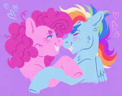 Size: 1280x1009 | Tagged: safe, artist:fizzmitz, pinkie pie, rainbow dash, earth pony, pegasus, pony, g4, blushing, boop, bust, cute, female, grin, happy, lesbian, mare, noseboop, purple background, ship:pinkiedash, shipping, simple background, smiling