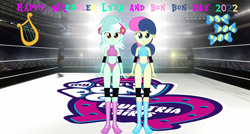 Size: 3330x1785 | Tagged: safe, artist:invisibleink, bon bon, lyra heartstrings, sweetie drops, human, equestria girls, g4, belly button, breasts, clothes, elbow pads, female, knee pads, lesbian, lyra and bon bon day, ship:lyrabon, shipping, shoes, sports, sports bra, sports panties, wrestler, wrestling, wrestling ring
