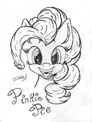 Size: 3361x4453 | Tagged: safe, artist:memprices, pinkie pie, earth pony, pony, g4, black and white, bust, cute, diapinkes, ear fluff, grayscale, high res, looking at you, monochrome, open mouth, open smile, pencil drawing, portrait, simple background, sketch, smiling, traditional art, uvula, white background, wip