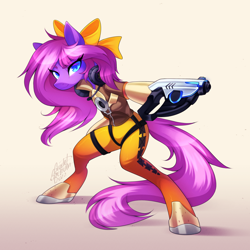 Size: 1080x1080 | Tagged: safe, artist:scarlet-spectrum, oc, oc only, oc:lillybit, earth pony, pony, bipedal, bow, clothes, costume, earth pony oc, eye clipping through hair, eyebrows, eyebrows visible through hair, gaming headset, gradient background, gun, hair bow, headphones, headset, looking at you, overwatch, slender, smiling, smiling at you, solo, thin, tracer, weapon