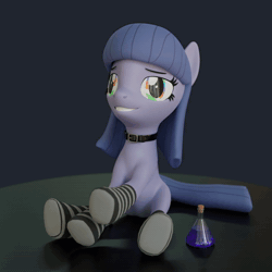 Size: 2160x2160 | Tagged: safe, artist:the luna fan, derpibooru exclusive, oc, oc only, oc:cosmia nebula, pony, 3d, animated, blender, blender cycles, choker, clothes, high, high res, no sound, not maud pie, potion, rainbow eyes, simple background, smiling, socks, solo, stoned, striped socks, tripping balls, webm