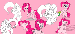 Size: 1896x868 | Tagged: safe, artist:legendoflink, pinkie pie, earth pony, pony, collage, cute, diapinkes, faic, female, jumping, mare, ms paint, multeity, open arms, open mouth, pink background, present, redraw, screaming, simple background, solo