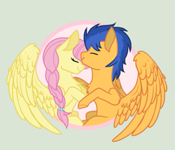 Size: 887x758 | Tagged: safe, artist:dawnthebarrel, flash sentry, fluttershy, pegasus, pony, alternate hairstyle, base used, braid, chest fluff, duo, duo male and female, eyes closed, female, flutterflash, green background, male, mare, shipping, simple background, smiling, stallion, straight