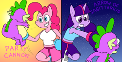 Size: 1920x976 | Tagged: safe, artist:toonboy1029, pinkie pie, spike, twilight sparkle, dragon, earth pony, unicorn, anthro, g4, abuse, boxing, boxing gloves, go to sleep garble, pinkie prick, shitposting, spikeabuse, sports, twibitch sparkle