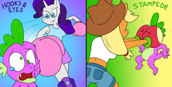 Size: 315x160 | Tagged: safe, artist:toonboy1029, applejack, rarity, spike, dragon, unicorn, anthro, g4, abuse, applejerk, ass, boxing, boxing gloves, butt, female, go to sleep garble, male, picture for breezies, raribitch, shitposting, spikeabuse, sports
