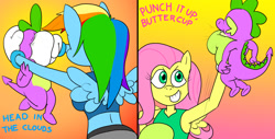 Size: 1280x651 | Tagged: safe, artist:toonboy1029, fluttershy, rainbow dash, spike, dragon, pegasus, anthro, g4, abuse, boxing, boxing gloves, female, flutterbitch, go to sleep garble, male, out of character, poor spike, rainbow douche, shitposting, spikeabuse, sports
