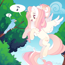 Size: 2625x2625 | Tagged: safe, artist:ptaha, oc, oc only, oc:featherlight serenade, bird, pegasus, pony, blushing, cute, feather in hair, female, flying, hair bun, high res, long mane, mare, not fluttershy, outdoors, pegasus oc, singing, solo, spread wings, wings