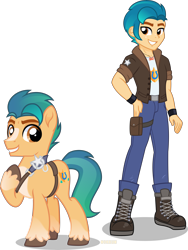 Size: 6500x8626 | Tagged: safe, artist:n0kkun, hitch trailblazer, earth pony, human, pony, equestria girls, g4, g5, absurd resolution, belt, boots, clothes, coat, denim, duality, equestria girls-ified, g5 to equestria girls, g5 to g4, generation leap, grin, jeans, jewelry, male, markings, necklace, pants, raised hoof, self paradox, self ponidox, shirt, shoes, simple background, smiling, solo, stallion, t-shirt, transparent background, unshorn fetlocks, vector