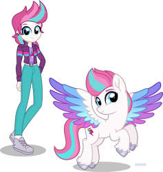 Size: 8000x8440 | Tagged: safe, artist:n0kkun, zipp storm, human, pegasus, pony, equestria girls, g4, g5, absurd resolution, belt, clothes, denim, duality, ear piercing, earring, equestria girls-ified, female, flying, g5 to equestria girls, g5 to g4, generation leap, jacket, jeans, jewelry, mare, markings, pants, piercing, self paradox, self ponidox, shirt, shoes, simple background, sneakers, solo, t-shirt, tomboy, transparent background, unshorn fetlocks, vector