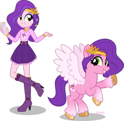 Size: 8000x7782 | Tagged: safe, artist:n0kkun, pipp petals, pegasus, pony, equestria girls, g4, g5, absurd resolution, bipedal, boots, bracelet, cellphone, choker, clothes, crown, duality, duo, ear piercing, earring, equestria girls-ified, eye clipping through hair, eyebrows, eyebrows visible through hair, female, g5 to equestria girls, g5 to g4, generation leap, grin, high heel boots, human pipp petals, jewelry, mare, markings, phone, piercing, raised hoof, rearing, regalia, self paradox, self ponidox, shadow, shirt, shoes, signature, simple background, skirt, smartphone, smiling, standing on one leg, transparent background, unshorn fetlocks, vector
