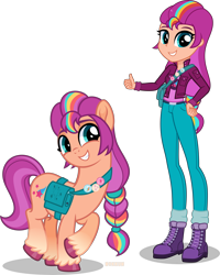Size: 7000x8756 | Tagged: safe, artist:n0kkun, sunny starscout, earth pony, pony, equestria girls, g4, g5, absurd resolution, bag, belt, boots, clothes, denim, duality, equestria girls-ified, female, g5 to equestria girls, g5 to g4, generation leap, grin, jacket, jeans, mare, markings, pants, raised hoof, raised leg, self paradox, self ponidox, shirt, shoes, simple background, smiling, solo, t-shirt, thumbs up, transparent background, unshorn fetlocks, vector