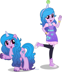 Size: 7000x8146 | Tagged: safe, artist:n0kkun, izzy moonbow, pony, unicorn, equestria girls, g4, g5, absurd resolution, ball, boots, bracelet, clothes, converse, dress, duality, equestria girls-ified, female, g5 to equestria girls, g5 to g4, generation leap, hairband, izzy's tennis ball, jewelry, mare, open mouth, raised hoof, self paradox, self ponidox, shirt, shoes, simple background, socks, solo, stockings, tennis ball, thigh highs, transparent background, unshorn fetlocks, vector, waving