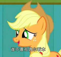 Size: 1077x1014 | Tagged: safe, screencap, applejack, earth pony, pony, read it and weep, caption, chinese character, female, hat, image macro, narrowed eyes, solo, solo female, text