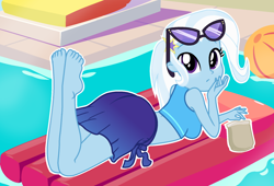 Size: 1920x1303 | Tagged: safe, artist:charliexe, artist:grapefruit-face, trixie, equestria girls, equestria girls series, forgotten friendship, ball, bare shoulders, barefoot, beach, beach ball, bikini, clothes, cute, feet, female, floaty, food, looking at you, skirt, sleeveless, solo, summer sunset, swimming pool, swimsuit, the pose, water