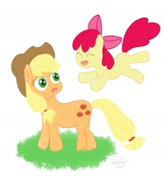 Size: 1613x1752 | Tagged: safe, artist:kwaiikay, apple bloom, applejack, earth pony, pony, atg 2022, eyes closed, female, filly, foal, happy, jumping, mare, newbie artist training grounds, siblings, simple background, sisters, white background