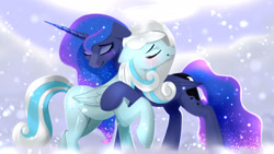 Size: 1920x1080 | Tagged: safe, artist:darksly, princess luna, oc, oc:snowdrop, alicorn, pegasus, pony, g4, blushing, crying, duo, duo female, ethereal mane, eyes closed, eyeshadow, female, floppy ears, folded wings, hug, makeup, mare, smiling, starry mane, wings