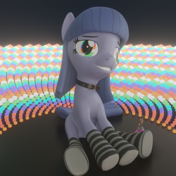 Size: 2160x2160 | Tagged: safe, artist:the luna fan, oc, oc only, oc:cosmia nebula, earth pony, pony, 3d, blender, blender eevee, choker, clothes, earth pony oc, high, high res, psychedelic, rainbow eyes, sitting, smiling, socks, solo, stoned, striped socks