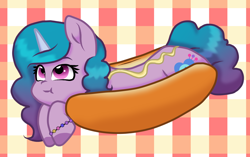 Size: 1350x850 | Tagged: safe, artist:horsesrnaked, izzy moonbow, pony, unicorn, g5, :t, bracelet, curly hair, curly mane, curly tail, cute, ears up, eyebrows, food, gingham pattern, glizzy, glizzy moonbow, hooves, hot dog bun, izzybetes, jewelry, mustard, sauce, simple background, smiling, smirk, solo, tail