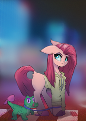 Size: 2480x3508 | Tagged: safe, artist:i love hurt, gummy, pinkie pie, alligator, pony, g4, blue eyes, clothes, duo, female, high res, hoodie, mare, night, pink hair, pinkamena diane pie, simple background, slippers, soft shading
