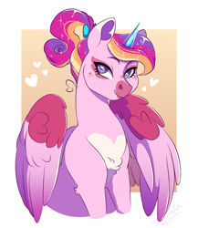Size: 1700x1956 | Tagged: safe, artist:theartfox2468, princess cadance, alicorn, pony, g4, coat markings, crystal horn, facial markings, female, floating heart, heart, heart eyes, horn, looking at you, mare, ponytail, smiling, smiling at you, snip (coat marking), solo, story included, teen princess cadance, wingding eyes
