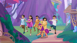 Size: 520x293 | Tagged: safe, screencap, sunny starscout, earth pony, human, pony, g5, my little pony: tell your tale, official, animated, child, dancing, female, gif, irl, irl human, malaysia, mane stripe sunny, mare, photo, youtube link