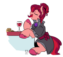 Size: 1028x932 | Tagged: source needed, safe, artist:redxbacon, oc, oc only, oc:claret, earth pony, pony, alcohol, clothes, dress, eyes closed, female, glass, mare, open mouth, open smile, simple background, sitting, smiling, solo, table, white background, wine, wine glass