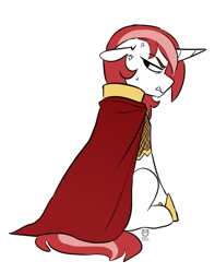 Size: 617x784 | Tagged: source needed, safe, artist:redxbacon, oc, oc only, oc:mercy, pony, unicorn, cape, clothes, simple background, solo, white background