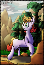 Size: 3744x5580 | Tagged: safe, artist:ceugenese, earth pony, pony, blurry background, colt, foal, forest, green eyes, light, male, mountain, rock, solo, tree, two toned mane