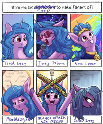 Size: 2000x2400 | Tagged: safe, artist:rocket-lawnchair, izzy moonbow, angel, pony, unicorn, g5, ball, be not afraid, biblically accurate angels, clock, fangs, female, goth, goth izzy, headband, hi new friend, high res, hoof hold, horn, horn impalement, it's morbin time, izzy moodbow, izzy's beans, izzy's tennis ball, jewelry, looking at you, mare, microphone, morbius, necklace, open mouth, open smile, ophanim, ozzy osbourne, rain, rem lezar, six fanarts, smiling, smiling at you, sunglasses, tennis ball, tin can