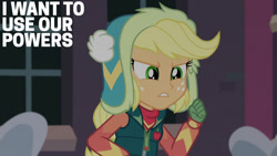 Size: 1280x720 | Tagged: safe, edit, edited screencap, editor:quoterific, screencap, applejack, human, equestria girls, equestria girls specials, g4, my little pony equestria girls: better together, my little pony equestria girls: holidays unwrapped, winter break-in, canterlot high, female, snow, solo, text