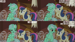 Size: 1280x720 | Tagged: safe, edit, edited screencap, editor:quoterific, screencap, bon bon, lyra heartstrings, sweetie drops, earth pony, pony, unicorn, g4, season 5, slice of life (episode), chair, crossed hooves, duo, eyes closed, female, mare, meme, open mouth, ponyville town hall, sitting, sitting lyra, text