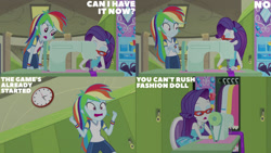 Size: 1280x720 | Tagged: safe, edit, edited screencap, editor:quoterific, screencap, rainbow dash, rarity, human, equestria girls, g4, my little pony equestria girls: better together, sock it to me, sock it to me: rarity, bracelet, canterlot high, duo, duo female, eyes closed, female, geode of shielding, glasses, hairpin, hallway, jewelry, lockers, magical geodes, open mouth, rarity peplum dress, rarity's glasses, text