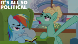 Size: 1280x720 | Tagged: safe, edit, edited screencap, editor:quoterific, screencap, rainbow dash, zephyr breeze, pegasus, pony, flutter brutter, g4, season 6, book, duo, female, male, mare, open mouth, rainbow dash is not amused, stallion, text, unamused
