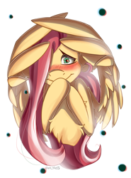 Size: 1891x2557 | Tagged: safe, artist:yuris, fluttershy, pegasus, pony, g4, blushing, closed mouth, cute, female, floppy ears, pink mane, reaction image, simple background, smiling, solo, spread wings, white background, wings