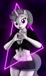 Size: 2491x4096 | Tagged: safe, artist:dawnyr, artist:dawnyrs, oc, oc only, oc:hazel radiate, unicorn, anthro, 3d, anthro oc, belly button, breasts, cleavage, commission, commissioner:biohazard, cute, eyebrows, eyelashes, female, front knot midriff, glasses, heart, heart hands, high res, highlights, horn, jeans, looking at you, mare, midriff, neon, pants, ponytail, purple eyes, short jeans, simple background, smiling, smiling at you, solo, unicorn oc, ych result