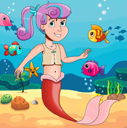 Size: 1357x1370 | Tagged: safe, artist:ocean lover, princess flurry heart, fish, human, mermaid, g4, bare shoulders, belly button, blue background, blue eyes, bow, bubble, camisole, child, clothes, coral, disney, disney princess, disney style, female, fins, fish tail, gradient hair, hair bow, happy, human coloration, humanized, innocent, kelp, looking up, mermaid princess, mermaid tail, mermaidized, mermay, midriff, multicolored hair, ocean, pajamas, ponytail, princess melody, red tail, rock, sand, shirt, simple background, sleeveless, sleeveless shirt, smiling, species swap, sponge, tail, tail fin, tank top, the little mermaid, underwater, water