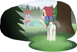 Size: 2106x1415 | Tagged: safe, artist:equestriaexploration, fortune favors, starry skies, pony, unicorn, g4, atg 2022, butt, forest, grass, hat, newbie artist training grounds, plot, simple background, tent, transparent background, tree
