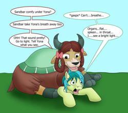 Size: 1280x1136 | Tagged: safe, artist:termyotter, sandbar, yona, earth pony, pony, yak, g4, atg 2022, bow, cloven hooves, dialogue, duo, female, hair bow, imminent death, male, monkey swings, newbie artist training grounds, ship:yonabar, shipping, speech bubble, stallion, straight, suffocating, this ended in pain, this will end in death, this will end in tears, this will end in tears and/or death