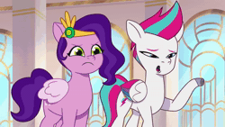 Size: 1280x720 | Tagged: safe, screencap, pipp petals, queen haven, zipp storm, zoom zephyrwing, pegasus, pony, g5, my little pony: tell your tale, queens for a day, spoiler:g5, spoiler:my little pony: tell your tale, spoiler:tyts01e17, animated, female, guardsmare, mare, paper, royal guard, sound, webm