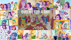 Size: 1280x721 | Tagged: safe, edit, edited screencap, editor:quoterific, screencap, hitch trailblazer, izzy moonbow, pipp petals, queen haven, sunny starscout, zipp storm, earth pony, pegasus, pony, unicorn, g5, my little pony: tell your tale, queens for a day, spoiler:g5, spoiler:my little pony: tell your tale, spoiler:tyts01e17, :o, cellphone, colt, cute, eyes closed, female, filly, foal, grin, male, mane five (g5), mare, nervous, nervous grin, open mouth, open smile, phone, sad, sadorable, smartphone, smiling, spread wings, stallion, text, wings