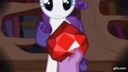 Size: 640x360 | Tagged: safe, screencap, rarity, spike, dragon, pony, unicorn, season 2, secret of my excess, animated, duo, female, flashback, gif, gifs.com, golden oaks library, male, male pov, mare, offscreen character, offscreen male, pov, smiling