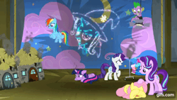 Size: 640x360 | Tagged: safe, screencap, applejack, fluttershy, rainbow dash, rarity, spike, starlight glimmer, trixie, twilight sparkle, alicorn, dragon, earth pony, pegasus, pony, unicorn, g4, horse play, season 8, animated, applejack's hat, bucket, cape, clothes, cowboy hat, crying, female, flying, gif, gifs.com, hat, horn, male, mare, mouth hold, open mouth, open smile, smiling, smoke, smoking horn, spread wings, trixie's cape, trixie's hat, twilight sparkle (alicorn), water, wings